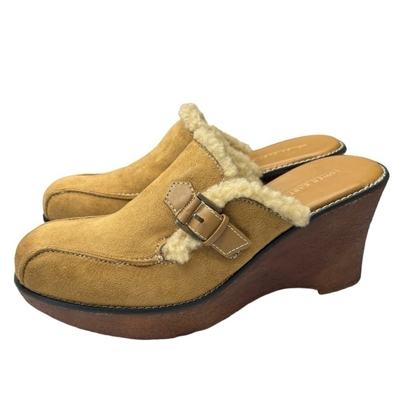 Lower East Side VTG Mules Size 9.5 Clogs Tan Suede & Sherpa Gummies Wedge Heel - Picture 7 of 9